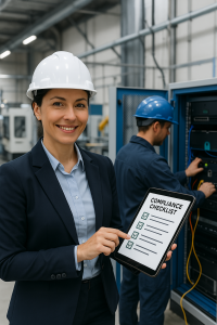 A confident female manufacturing GM in a modern fa