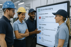 A diverse group of manufacturing employees collabo