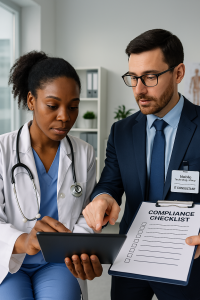 A healthcare provider in a modern clinic reviewing patient data on a secure tablet, with a Noble Technology Group IT consultant guiding them through a compliance checklist.