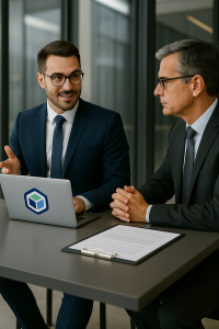 A professional IT consultant from Noble Technology Group discussing cybersecurity strategy with a business owner in a modern office setting.