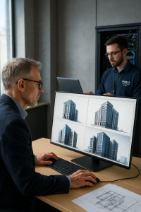 An architect reviewing 3D building models on a high-resolution monitor, with a Noble Technology Group IT consultant optimizing system performance in the background.