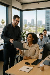 Professional IT technician providing support to a small business team in a modern San Diego office, ensuring secure and efficient technology operations.