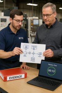 A San Diego machine shop with CNCs; an NTG engineer and plant manager review a simple network diagram showing office, engineering, and OT segments; a binder labeled “Evidence” and a laptop with a successful restore test timer are visible.