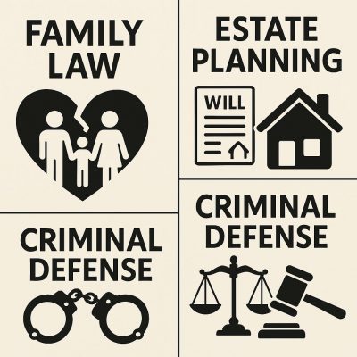 A collage of law firm types (family law, estate pl Icons representing different law firm specialties supported by NTG