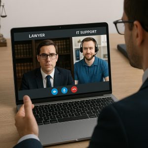 Attorney receiving remote IT support via secure video call