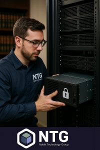 IT technician installing secure infrastructure for law firm