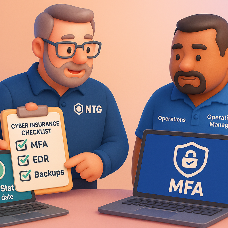 Image description Alt Text__Description Peter Nob Peter Noble checks cyber insurance requirements—MFA, EDR, backups—with a San Diego client on the shop floor.