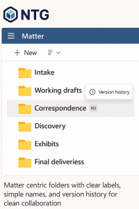 SharePoint document management for legal, matter centric folders with retention labels