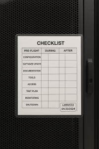 After hours patch window checklist with pre change, during change, and after change steps