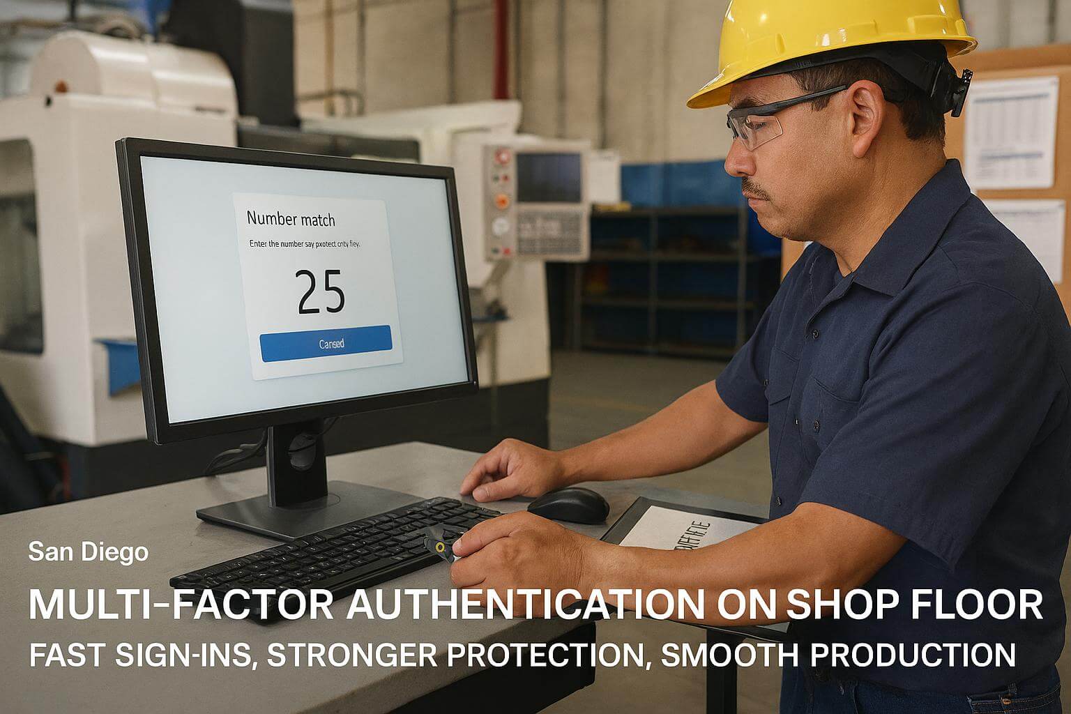 Shop floor supervisor in San Diego uses a hardware security key to confirm multi factor authentication at a shared workstation
