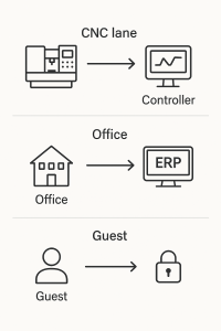 Network segmentation for CNC and ERP in a San Diego job shop, clear lanes for machines, office, and guest traffic