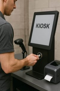 Team lead uses a hardware security key at a shared kiosk to complete multi factor authentication without slowing the line