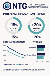 Phishing simulation report dashboard showing improved click and report rates after security awareness training for finance and front office teams.
