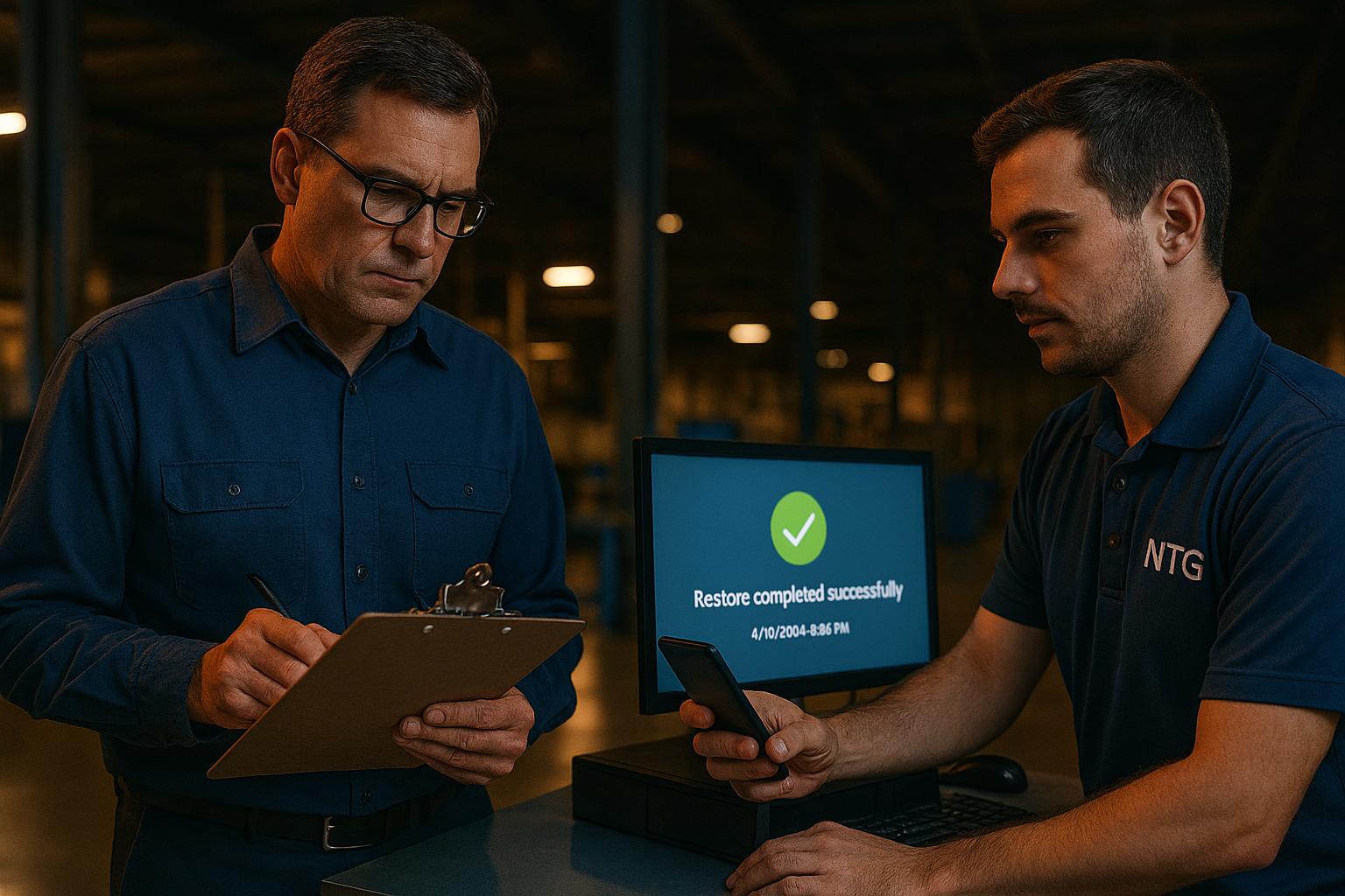 Supervisor reviews SPRS checklist while technician captures restore proof screenshot during after‑hours change window at San Diego manufacturer.