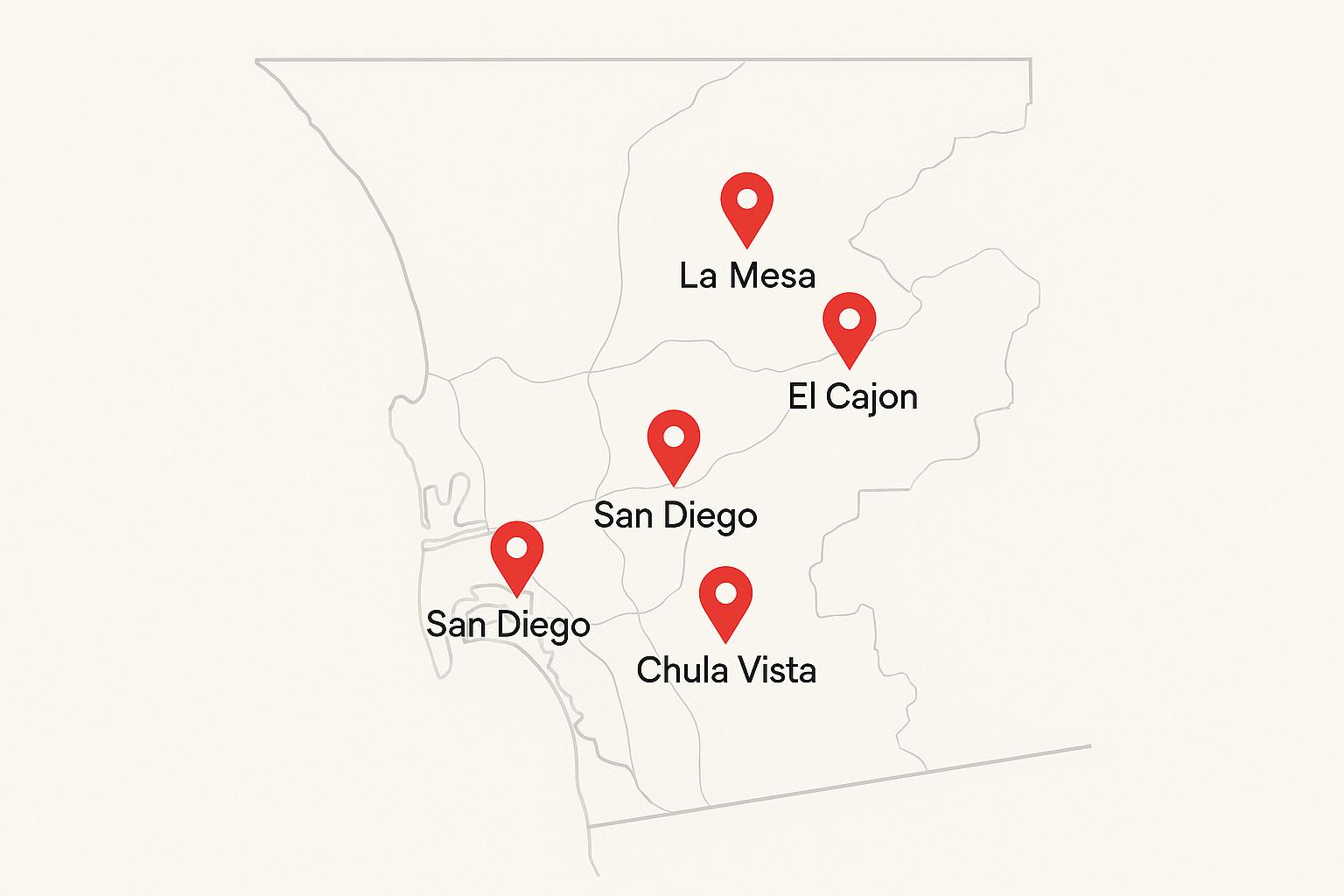 San Diego County service area highlighting La Mesa, El Cajon, National City, Chula Vista, Santee