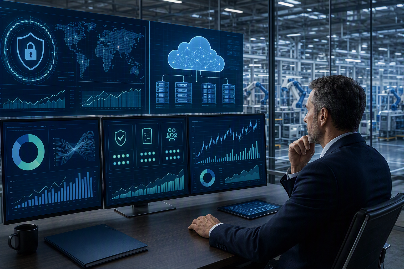 Business executive reviewing data governance and cybersecurity compliance strategy with managed IT services dashboard.