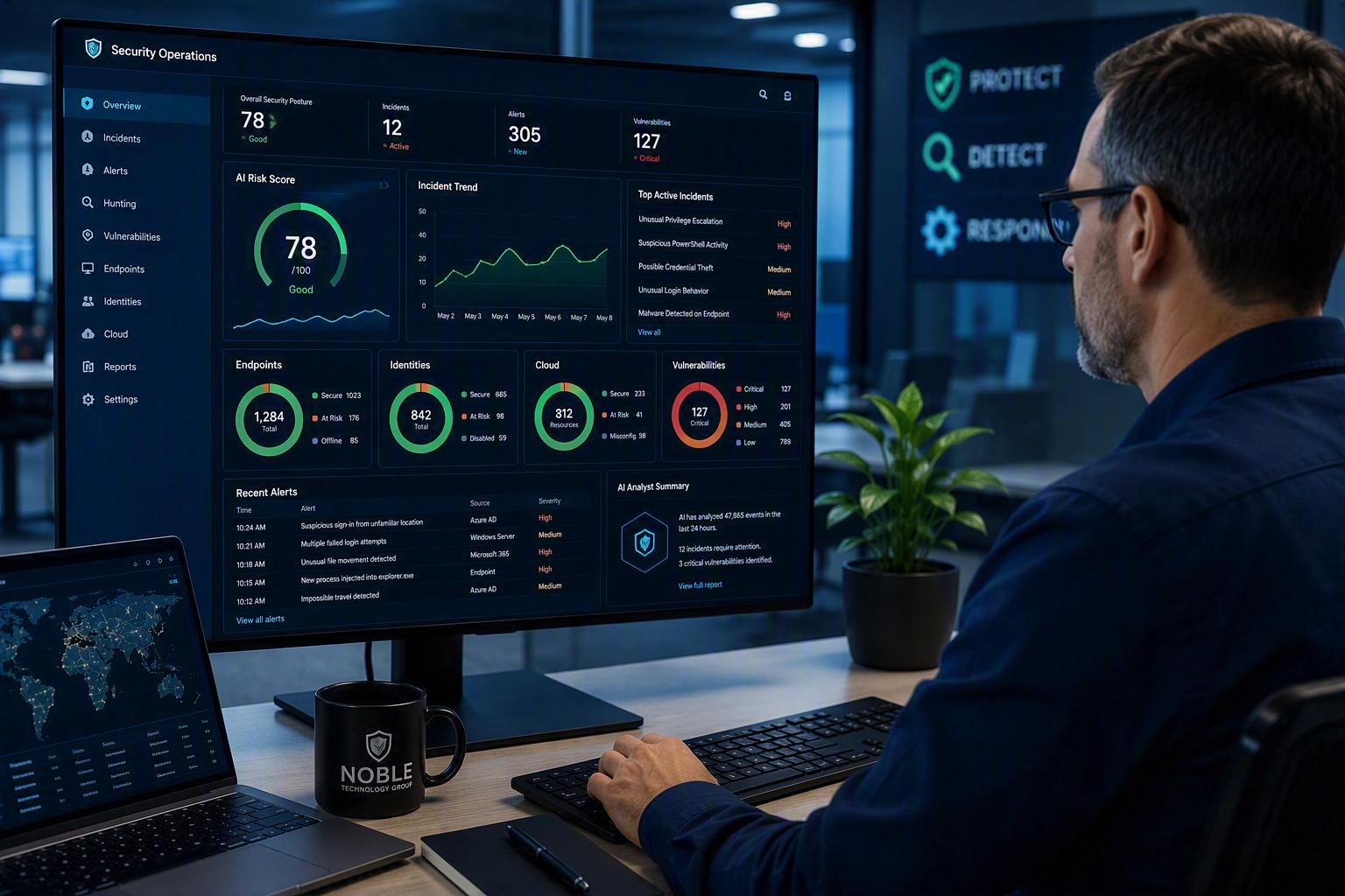 AI-powered cybersecurity for business showing threat detection, vulnerability management, endpoint protection, Microsoft security monitoring, and cyber risk analysis in a professional office environment.