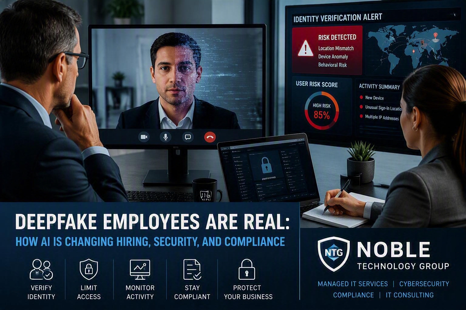 Business leaders reviewing a remote candidate for signs of deepfake employee fraud and identity manipulation