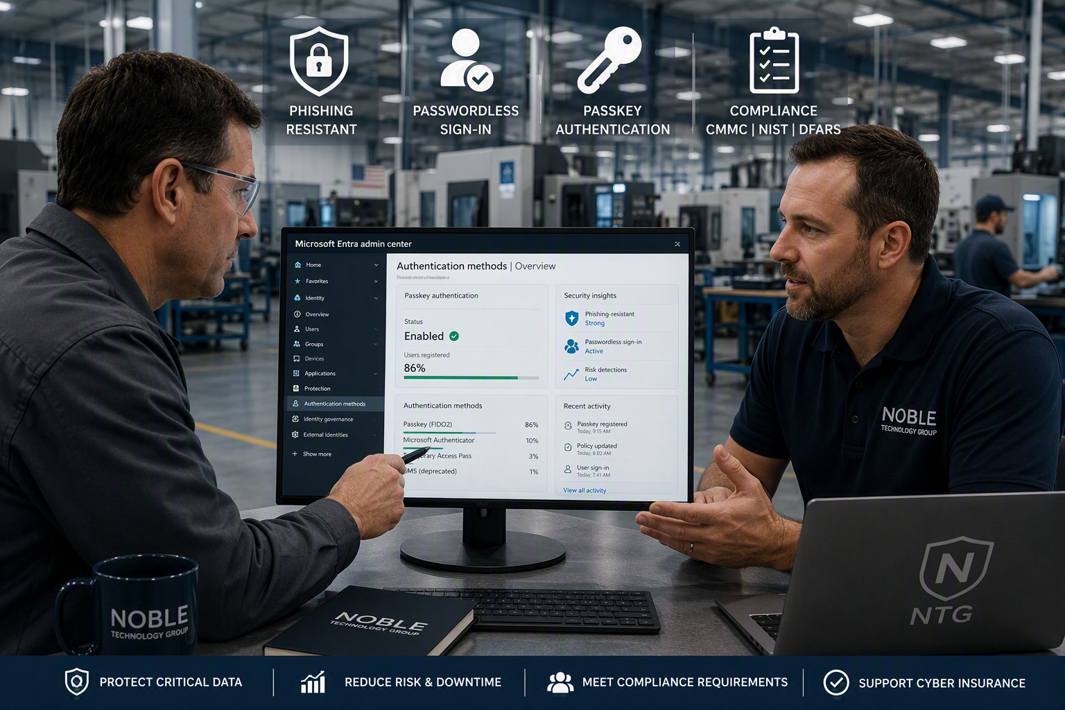 Manufacturer reviewing Microsoft passkeys, cyber insurance requirements and CMMC compliance with an IT advisor.