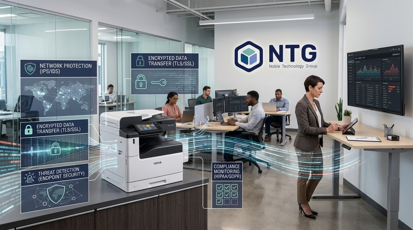 Office printer cybersecurity risk illustration showing how unsecured network printers can expose businesses to cyberattacks, compliance failures, and data breaches.