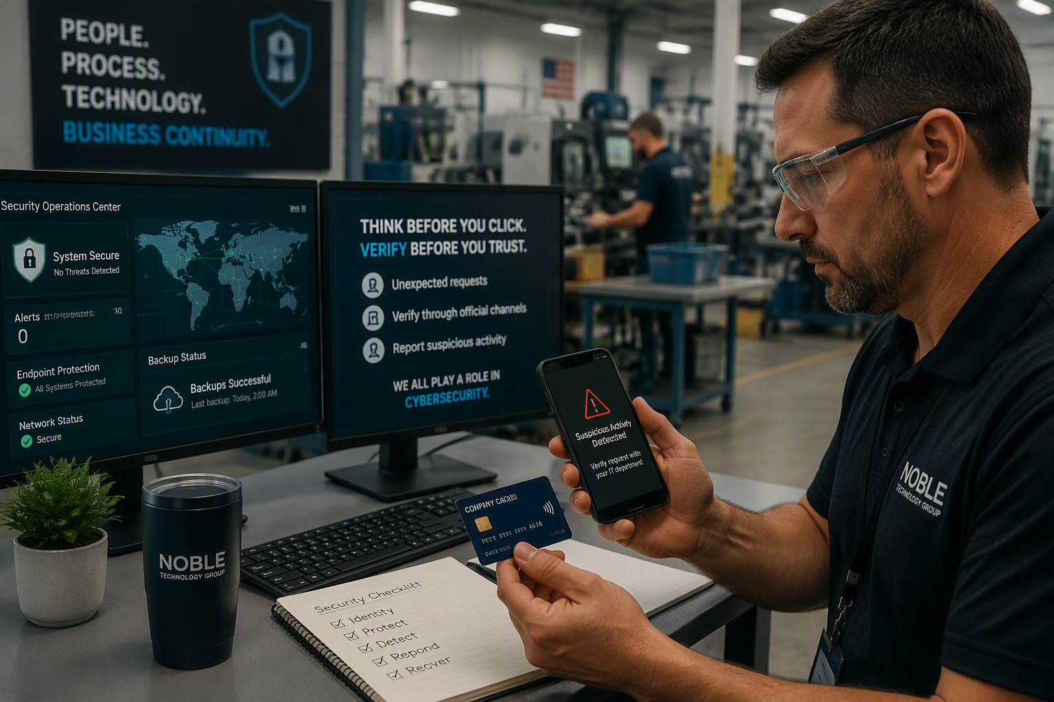 Cybersecurity professional reviewing suspicious activity between an Android smartphone, a contactless payment card, and company security systems in a manufacturing environment.