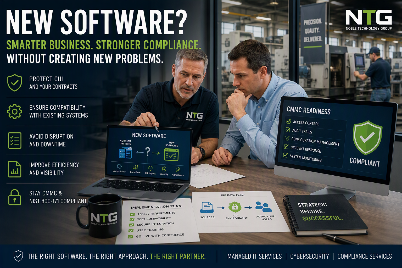 Defense contractor evaluating new software for CMMC compliance, CUI protection, and business operations compatibility