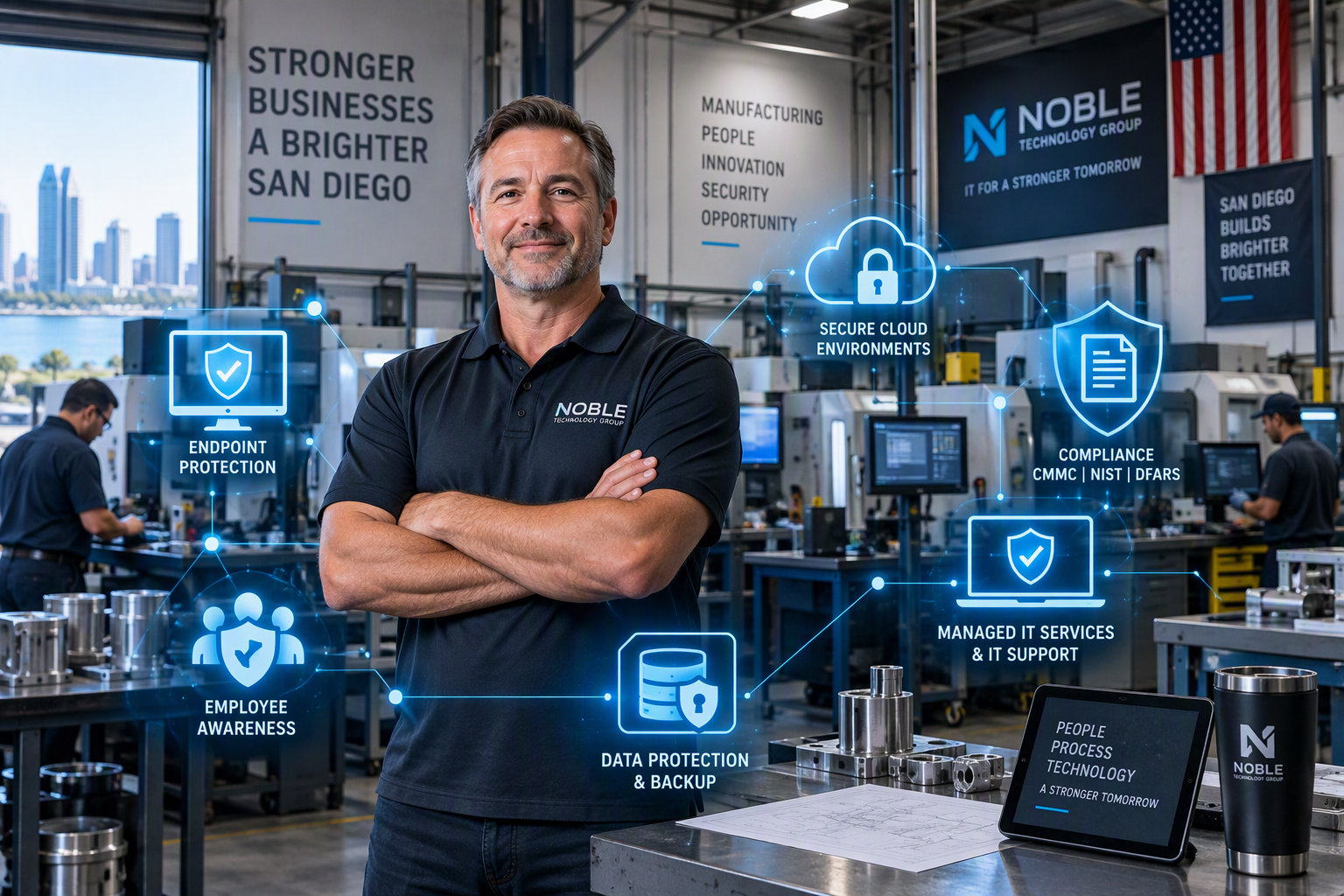 Cybersecurity for small businesses in San Diego with managed IT services, compliance services, cyber insurance readiness, and ransomware protection in a modern manufacturing environment.