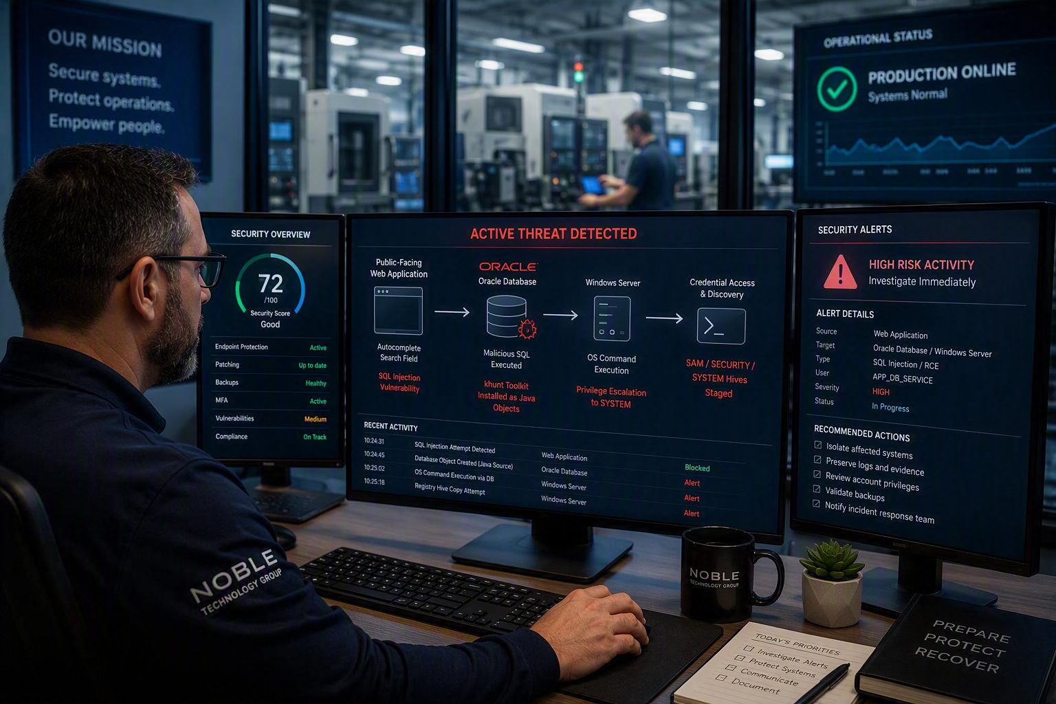 Cybersecurity professional investigating an Oracle SQL injection attack and server security risk