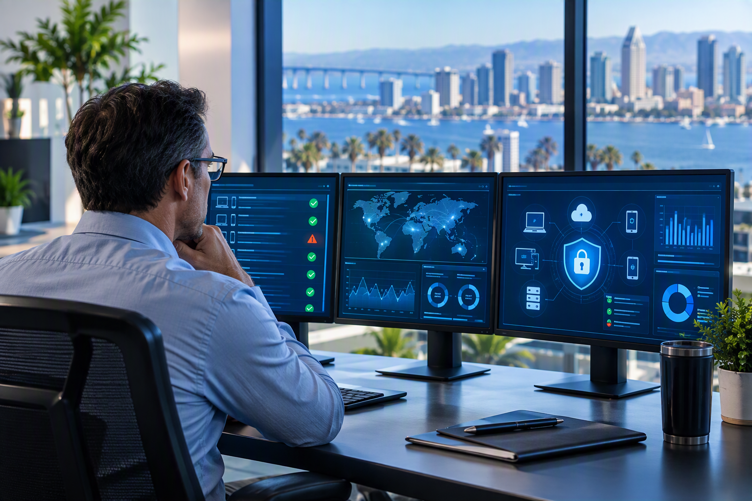 Business professional reviewing trusted device security dashboard displaying access control, endpoint protection, cybersecurity monitoring, and cyber insurance compliance metrics.