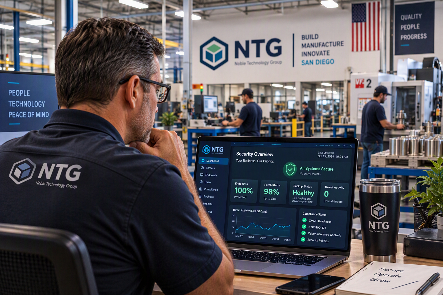 Operations manager reviewing cybersecurity dashboard in a San Diego manufacturing facility with managed IT services protecting business operations.