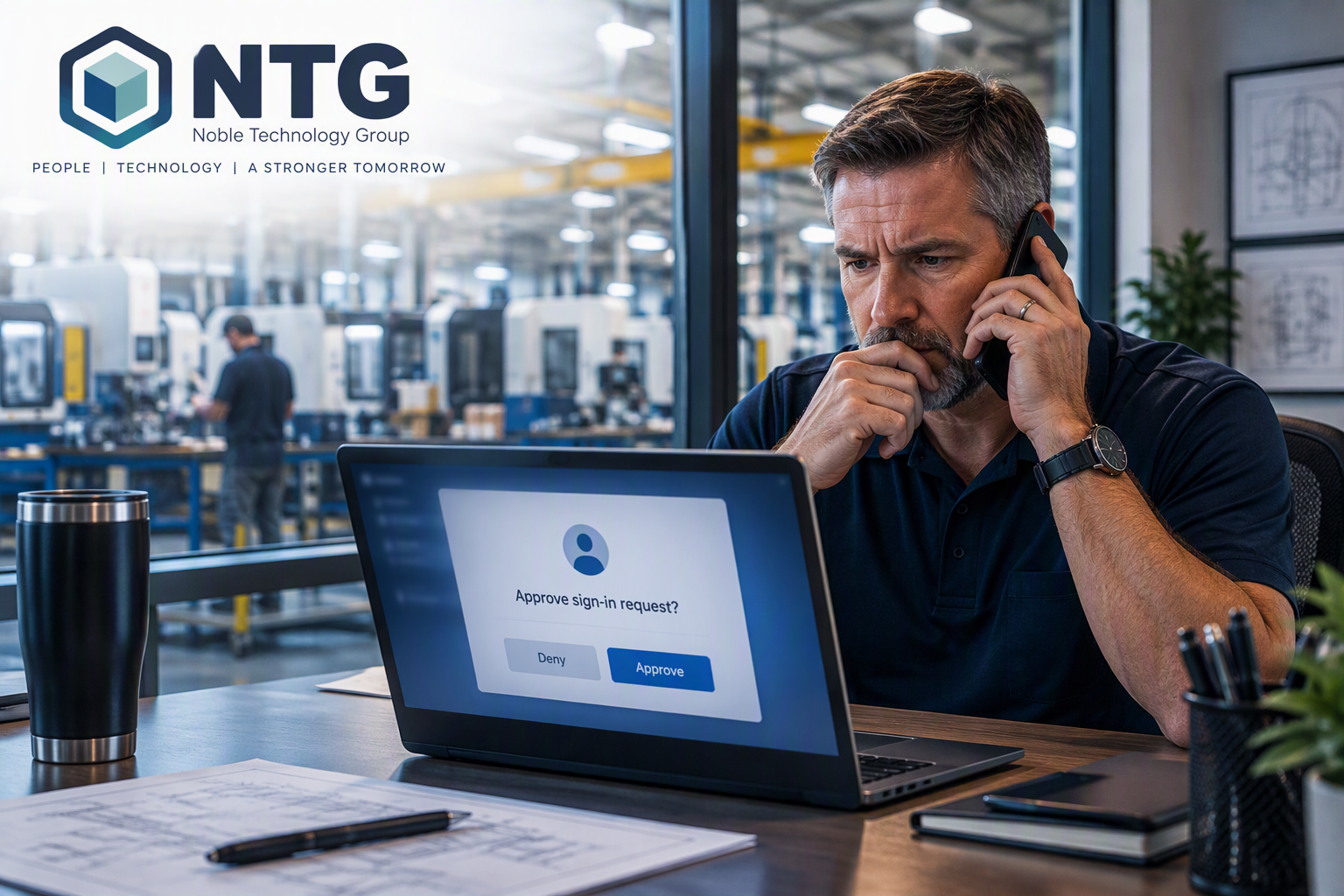 Operations manager at a manufacturing company reviewing a Microsoft 365 sign-in approval request while receiving a suspicious phone call
