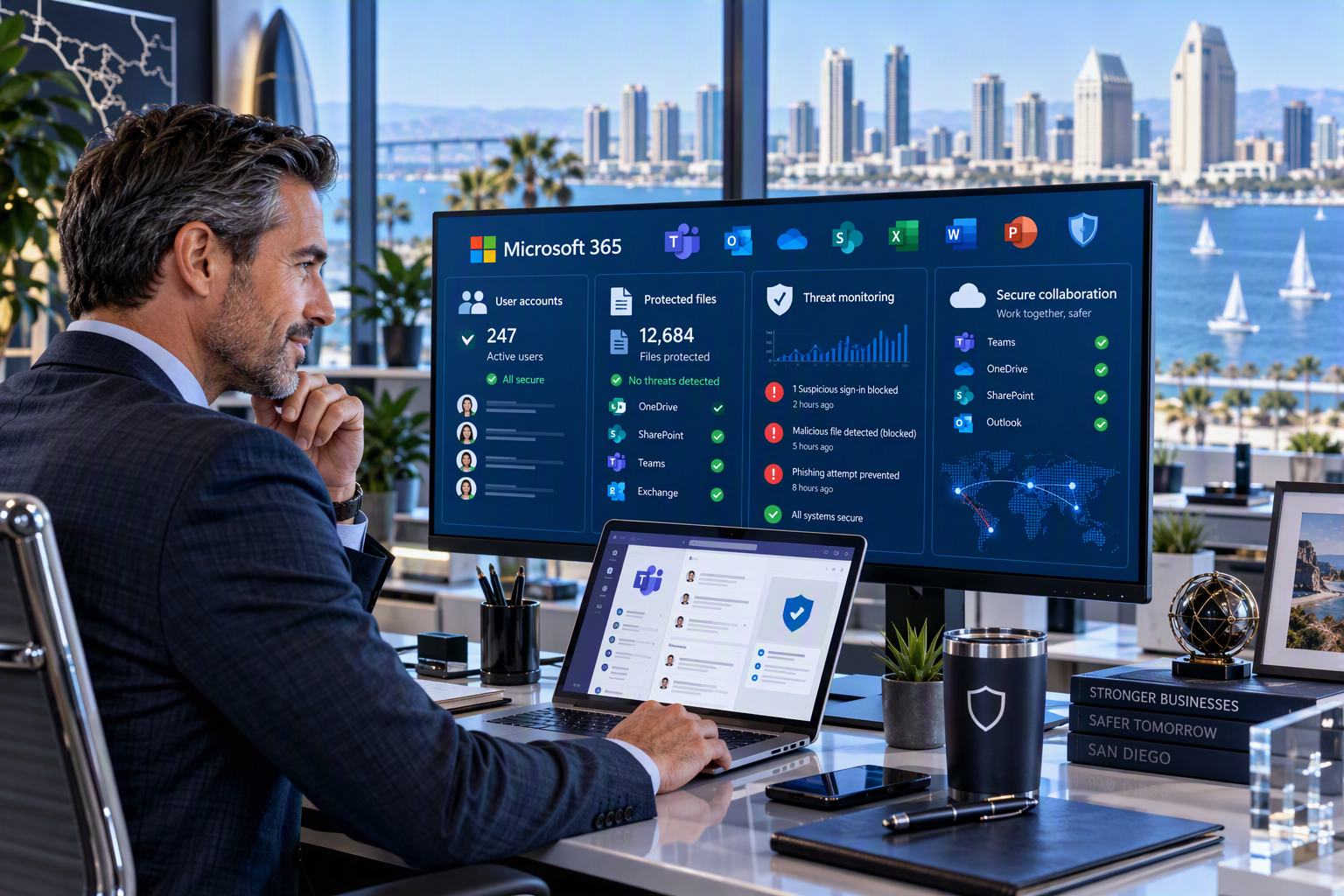 San Diego business leader reviewing Microsoft Teams and Microsoft 365 security alerts on a secure cloud collaboration platform