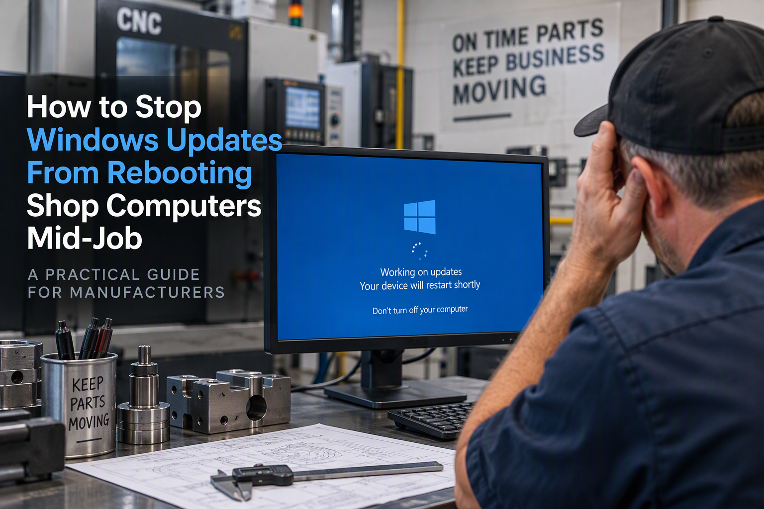 Machinist frustrated as Windows updates reboot a shop computer mid-job next to a CNC machine